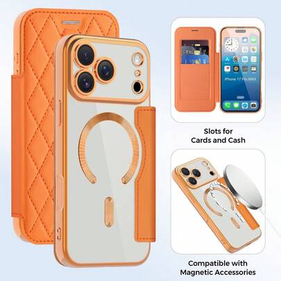 New Premium Women's Rhombus PU Flip Wallet Case With Card Slot & Lens Film For IPhone 17 Pro 17 ProMax Magnetic Wireless Charging Plated Clear Shockproof Cove