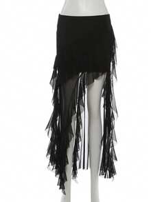 YeonC Chic Women Black Polyester Long Asymmetrical Skirt With Ruffle Design And High Stretch For Party - White - View 10