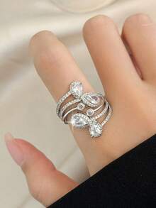 1pc Elegant Water Drop&Round Sparkle Openable Rings Fashion Cubic Zirconia Bohemian Women Ring For Bride Engagement Birthday Holiday, Travel For Mother's Day Copper Jewelry - Water Droplets - View 5