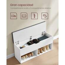 VASAGLE Banco para Zapatos Almacenamiento con 2 Compartimentos Abiertos y 1 Cerrado Estante para Zapatos Asiento Acolchado para Pasillo Entrada Dormitorio 100 x 30 x 48 cm Blanco MLHS21WT - Blanco Gris - Ver 5