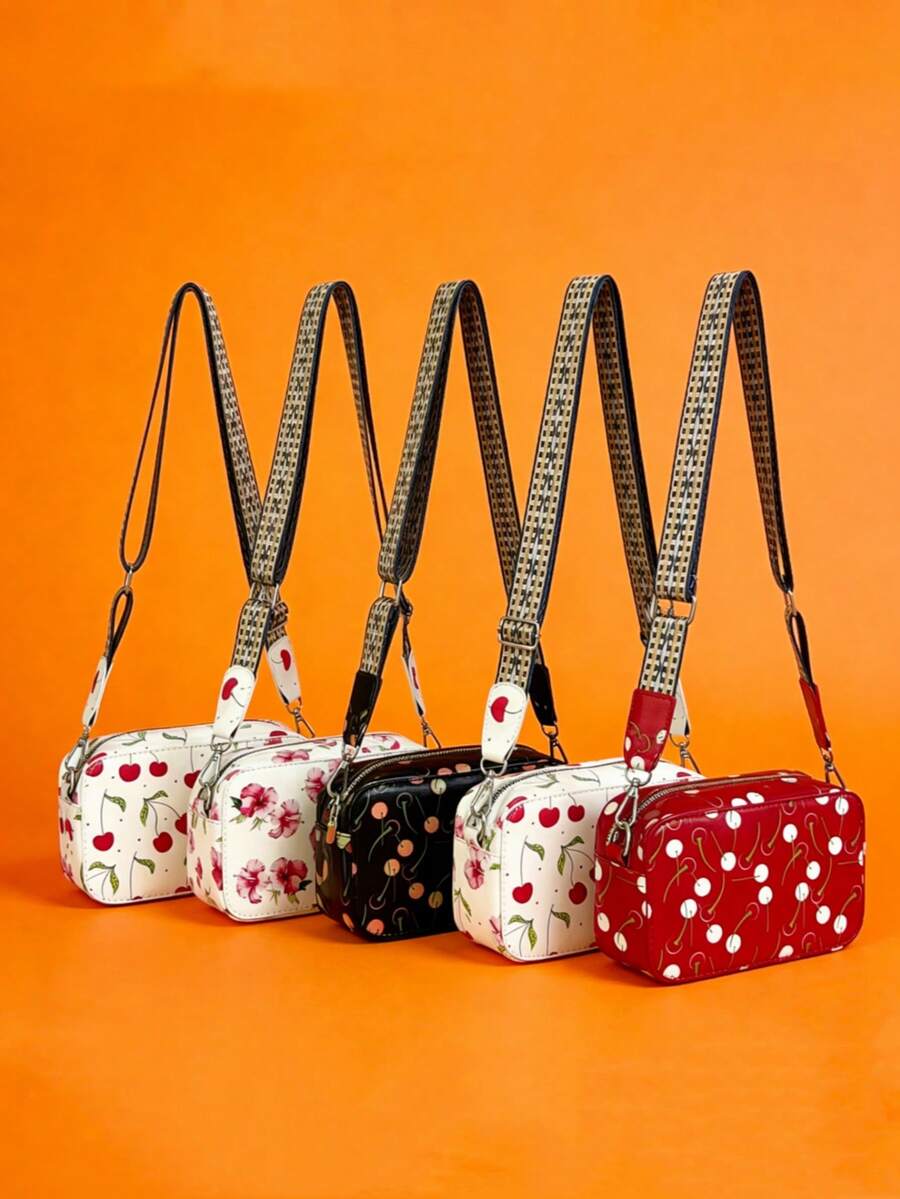 Sac à bandoulière mode femme imprimé cerises, sac à épaule, convient comme cadeau pour la fête des mères à porter avec des tenues d'été, sac carré petit avec fermeture éclair et porte-monnaie, peut contenir un téléphone, un appareil photo, un portefeuille, idéal pour les voyages d'été, les vacances, la photographie, cadeau de vacances pour les amis