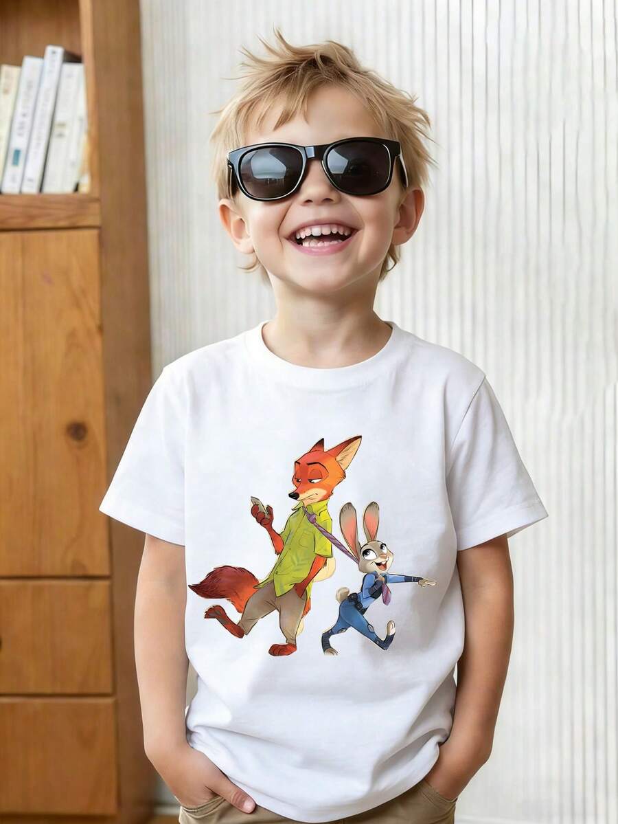 A Summer T-Shirt Featuring Judy And Nick From The Disney Animated Film *Zootopia*-Perfect For Boys And Girls To Wear To Holiday Parties, Family Meals, Outdoor Activities, And While Traveling, Making It An Ideal Gift For Children Visiting Disneyland. - White - View 1