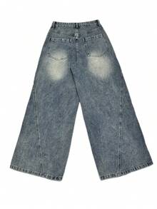 YUMINOW 女士休闲水洗牛仔阔腿裤，豹纹拼接设计，长款无弹力宽松裤型 - 藍色 - 查看 8