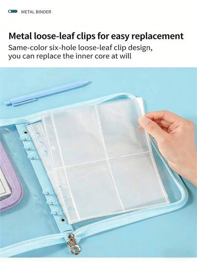 Planificador de hojas sueltas de 4 cuadrículas, estuche con cremallera de cubierta blanda, organizador de joyas de PVC transparente con brillo, álbum de fotos multifuncional y práctico, bolsa con cremallera, tarjetas de planificación y almacenamiento de pegatinas