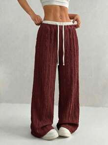High Waist Contrast Color-Block Wide Leg Pants - Textured Drawstring Casual Trousers - Burgundy - View 2