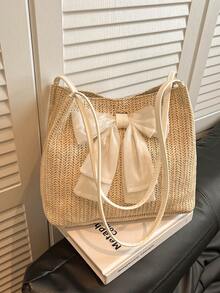 Túi tote dệt thắt nơ dễ thương, túi đeo vai bằng rơm nữ tính, túi đựng đồ lớn, túi gấp gọn đa năng thích hợp cho kỳ nghỉ hè, đi biển, đi làm. - trắng - Xem 3