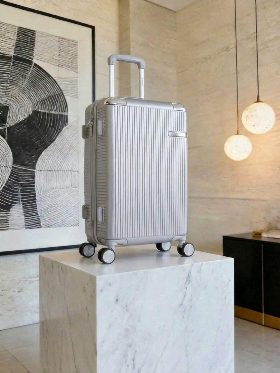 Carry-On Suitcase For Domestic And International Travel, 4 Double Wheels, 360° Rotating Lock, Built-In Padlock - Plateado - Ver 1