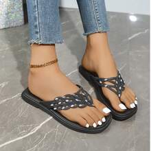 New Rhinestone Square Toe Slippers, Thick Sole Sandals, Classic Versatile Women Shoes, Suitable For Home, Casual, Summer Beach & Holiday - Black - View 6