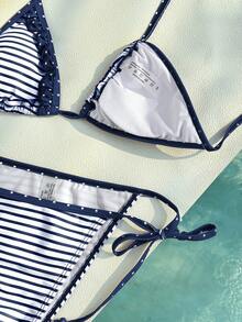 Women's Swimwear Bikini, Casual Patterned Striped Polka Dot Beach Outfit, Brown Fashionable Outerwear/Fitness Wear/Casual/Y2K/2000s/Y2K Style/Elegant/Retro/Streetwear/Vacation/Music Festival Pool Party Ladies Beach Attire, Summer 2026 - Blue and White - View 7