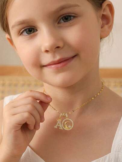 1pc Elegant Cute Zirconia Crown, Letter, Star & Moon Pendant Necklace Set, Copper Alloy, Fashion Jewelry Gift, Home Decor