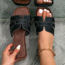 Women's Spring & Summer Fashion Flat Sandals, Cute Beach Slippers, White Minimalist Sandals, Leather Flat One-Strap Sandals For Ladies - Black - View 11