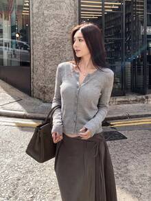 Women's Lightweight Sheer Design Long Sleeve Knit Sweater, Slimming, Spring/Summer - Grey - View 4