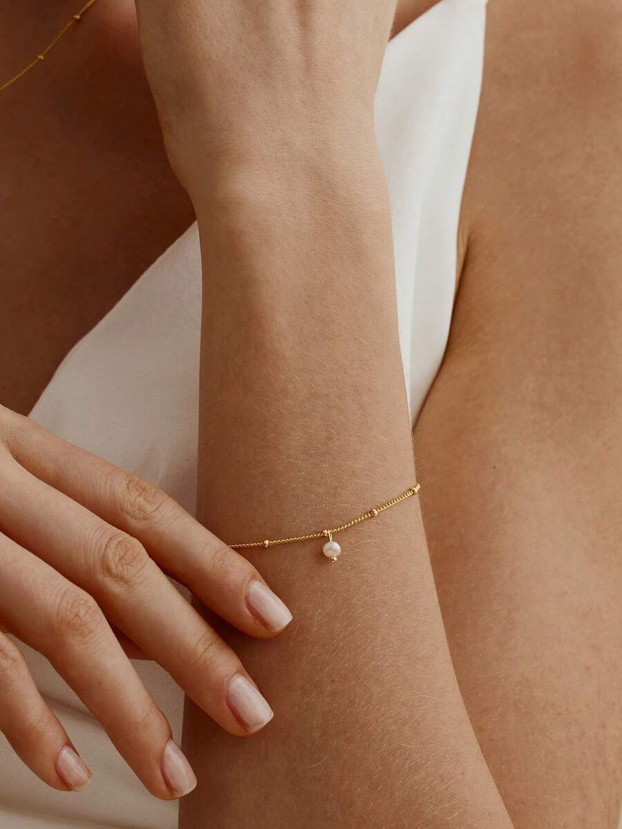 1 chiếc vòng tay ngọc trai nước ngọt tự nhiên mạ vàng 18K, kiểu dáng thanh lịch, chống thấm nước, thích hợp làm quà tặng cho phụ nữ đeo hàng ngày. - Vàng - Xem 1