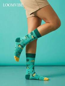 1 双男女通用中筒袜 - 孔雀绿卡通鳄鱼青蛙印花，撞色黄色袜口和绿色袜跟/袜尖，活泼的丛林动物图案设计，适合日常穿着，为您的造型增添休闲活泼的气息。 - 彩色 - 查看 3