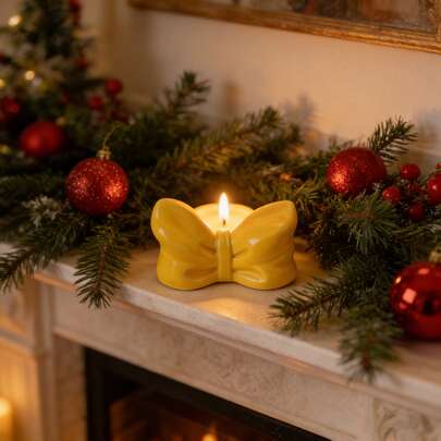 1件畅销亮黄色领结造型陶瓷烛台，创意几何设计锥形蜡烛架，空气净化装饰品，适用于圣诞节和节日庆典，趣味波普艺术桌面摆件，适用于客厅和卧室，跨境爆款家居装饰摆件