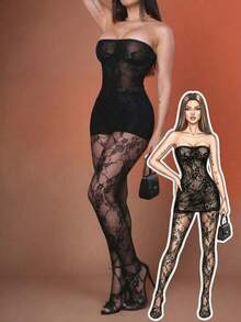 Christmas Gift Sexy 2 Piece Set Women's Club Wear Lace Bandeau Mini Dress Top With Stockings Outfit Birthday Outfit Party New Year Warm Thermal - 黑色 - 查看 10