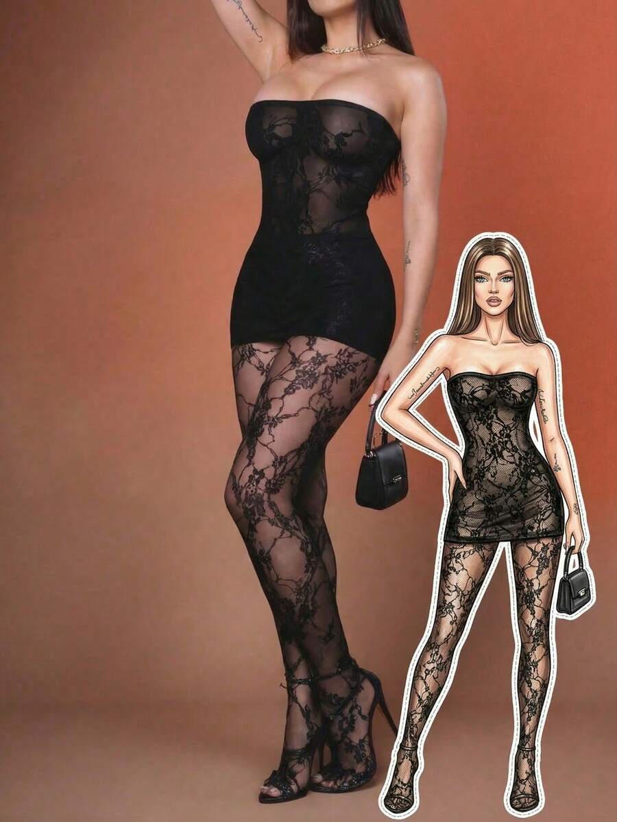 Christmas Gift Sexy 2 Piece Set Women's Club Wear Lace Bandeau Mini Dress Top With Stockings Outfit Birthday Outfit Party New Year Warm Thermal - màu đen - Xem 1