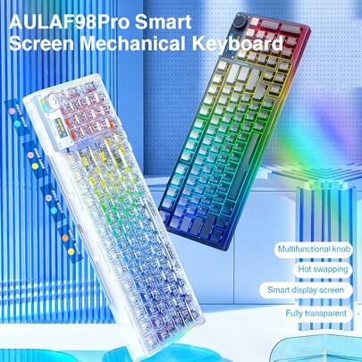 AULA F98pro V3 无线机械键盘，透明键帽、控制旋钮和 OLED 显示屏。全键热插拔，垫片式结构。预润滑线性轴，RGB 背光。三模连接：蓝牙 5.0 / USB-C / 2.4G。适用于 PC 的有线/无线游戏键盘。