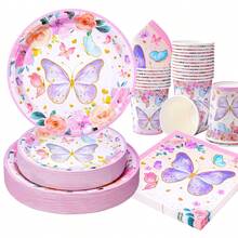 Jungle Butterfly Disposable Tableware Set, 7/9 Inch Party Plates, Disposable Paper Plates, Napkins, Cups, Suitable For Holidays, Weddings, Engagements, Birthdays, Parties, Celebrations - Multicolor - View 5