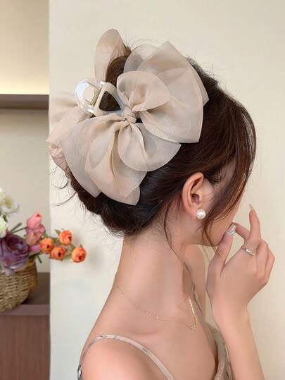 1件装女士新款网纱蝴蝶结发夹大号皇冠发夹后脑勺爪夹鲨鱼形发夹发饰头饰