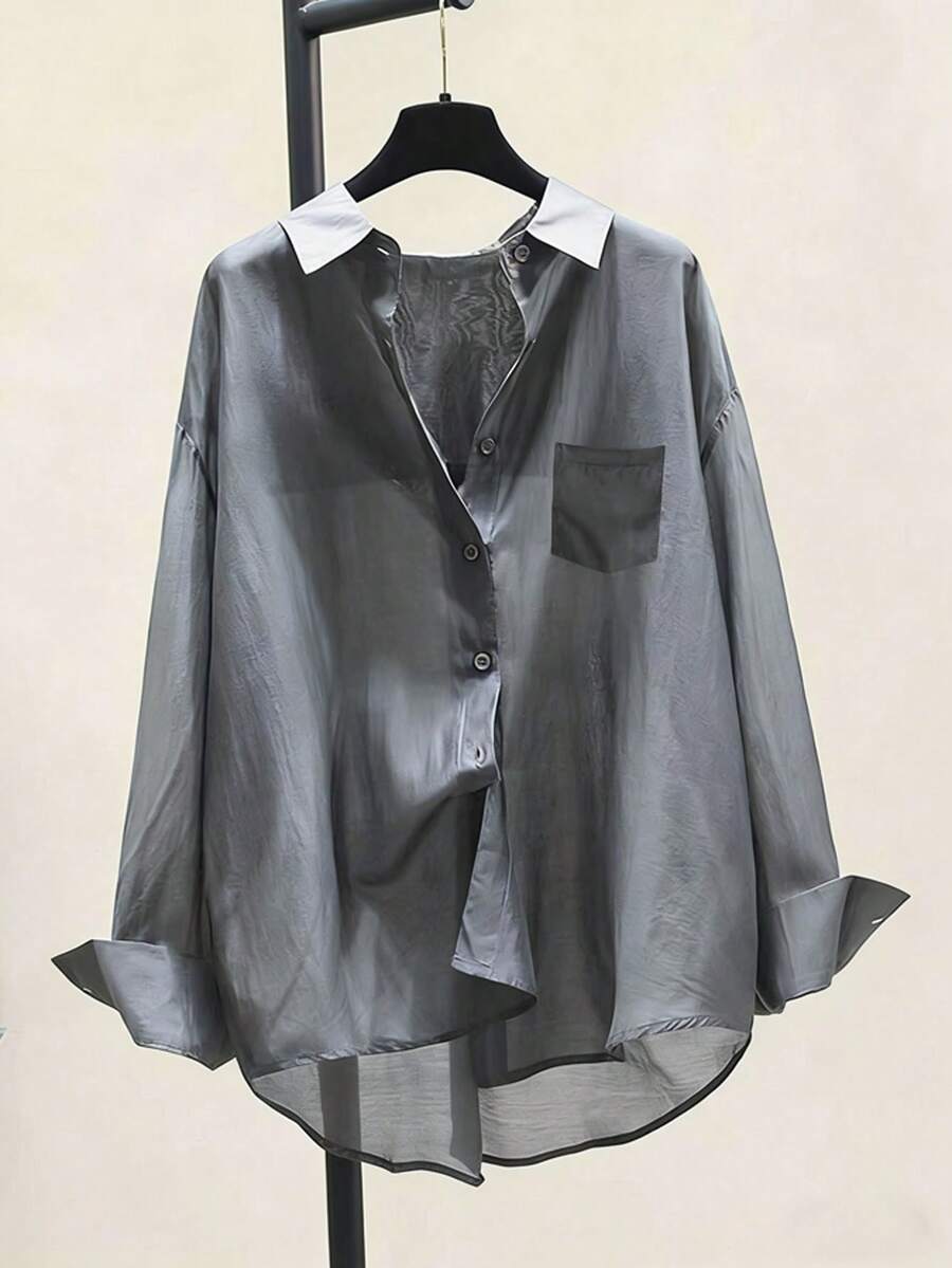 1pc Lightweight Sun Protection Shirt, New Summer Minimalist Elegant Versatile Long Sleeve Blouse - Grey - View 1