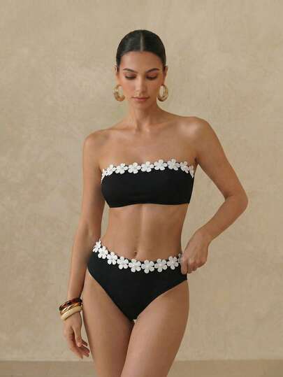 Anewsta 贴花抹胸夏季海滩比基尼套装黑色两件套泳衣