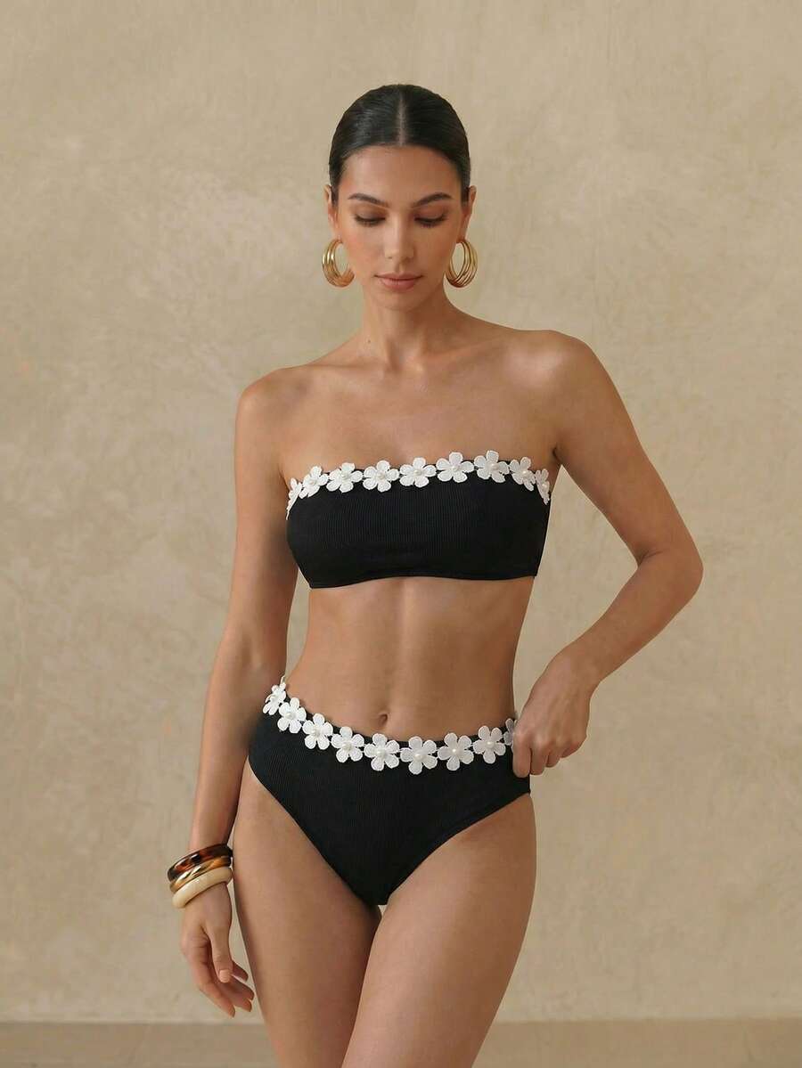 Anewsta 贴花抹胸夏季海滩比基尼套装黑色两件套泳衣 - 黑色 - 查看 1