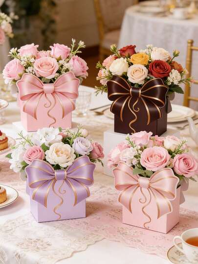 12pcs Bow Design Gift Boxes, Floral Packaging Boxes, Birthday Gift Boxes, Wedding Party Tabletop Decor, Home Decor, Room Decor, Desktop Decor, Mini Flower Boxes, Bow Theme Birthday Party Decor, Baby Shower Party Gift Packaging Supplies, Anniversary Wedding Decor, Proposal Party Decor, Birthday Party Supplies, Birthday Gifts, Floral Cardboard Boxes, Double-Sided Adhesive Included