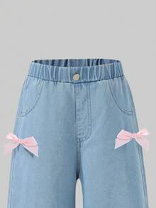 Set de 2 piezas: Top corto sin mangas con cuello redondo y lazo, y pantalones vaqueros anchos y sueltos para niñas preadolescentes, conjunto de verano - Rosa - Ver 5