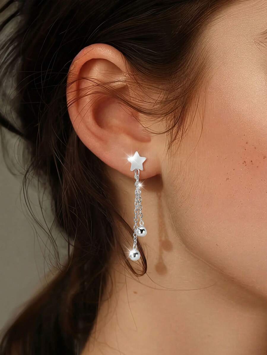 1 Đôi bông tai hình ngôi sao tua rua dễ thương kiểu Y2K bằng bạc Sterling S925, đa năng, phù hợp để đeo hàng ngày, kiểu dáng hình học tối giản, bông tai đôi ngọt ngào dành cho bạn thân. - Ngôi sao - Xem 1