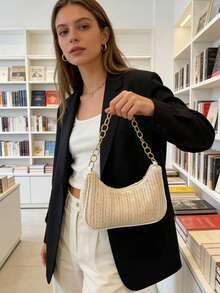 女士草编单肩包，金色链条肩带，夏季沙滩休闲手提包 - 米色 - 查看 4