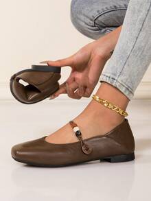 Women's Square Toe Mary Jane Beaded Button Decor Flat Shoes, Soft Bottom Slip-On Comfortable One-Strap Breathable Shoes - Brown - View 2