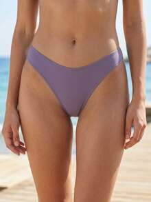 Women's Solid Color Thong Bikini Bottoms - High Cut Swim Briefs For Beach & Pool, Quick Dry Swimwear - Purple - View 1