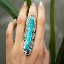 Un anillo de mujer de estilo bohemio vintage personalizado, chapado en plata con turquesa sintética incrustada, adecuado para regalos y uso diario, regalo perfecto de Navidad/Día de San Valentín para seres queridos - Plateado - Ver 5