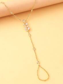 1 pieza Elegante cadena de mano y dedo con forma de hoja de cristal, joyería de lujo con cristales de strass como regalo para mujeres - Dorado - Ver 5