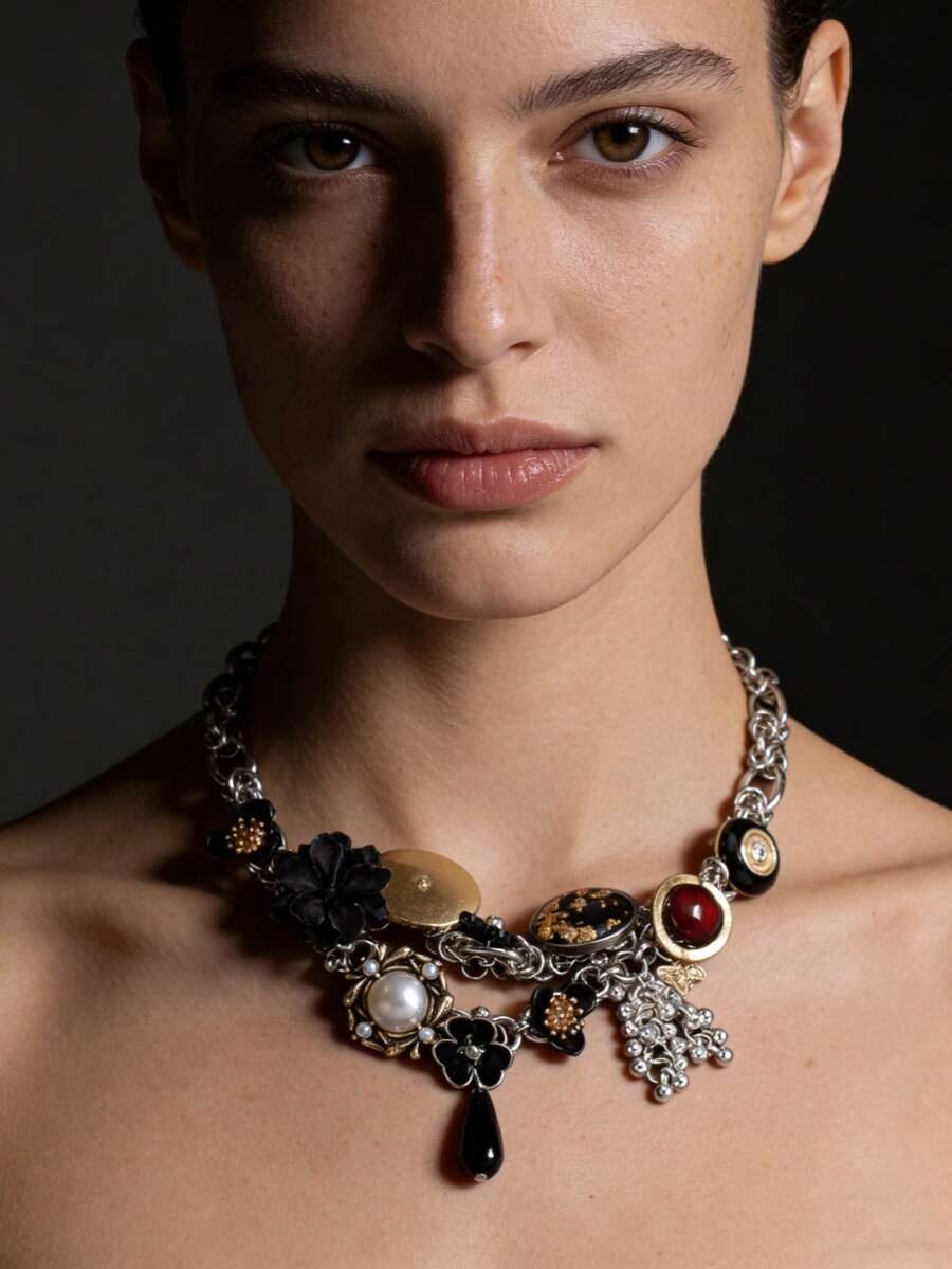 1件Y2K复古花卉系列小众奢华优雅链项链，适合女性日常佩戴 - 彩色 - 查看 1