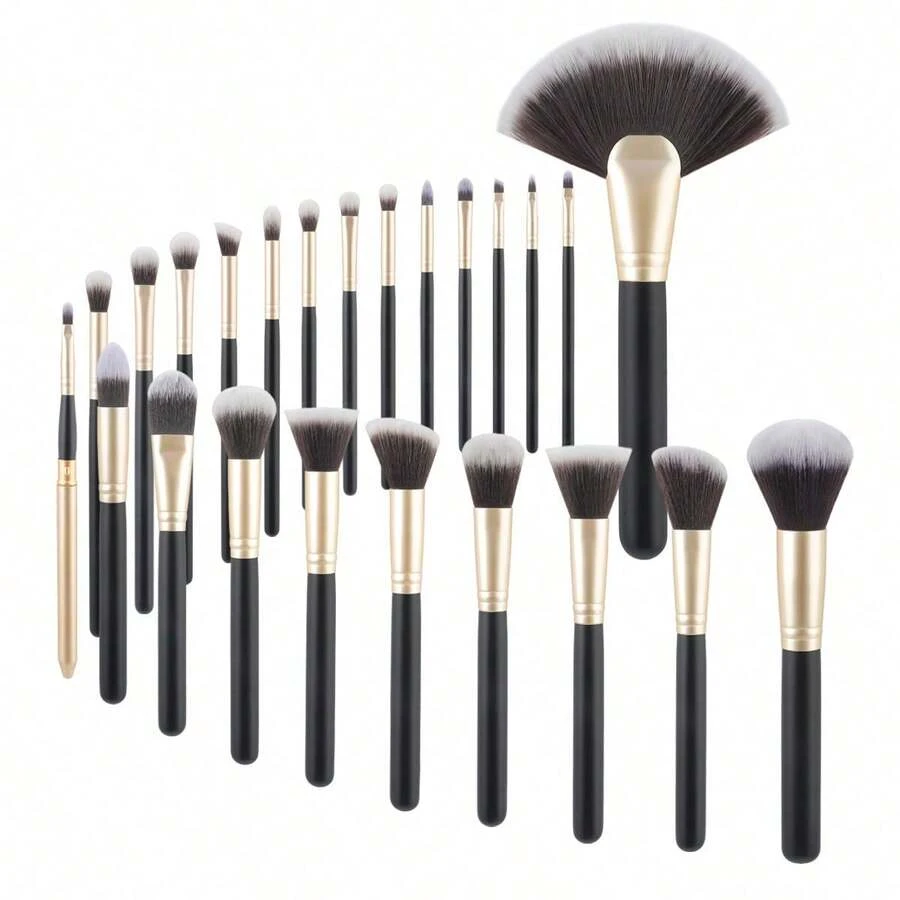 RANCAI 24pcs Black & Gold Makeup Brush Set, Soft Powder Brush, Contour Brush, Blush Brush, Foundation Brush, Eyeshadow Brush, Eyebrow Brush - Multicolor - View 1