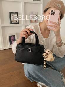 休闲撞色纹理百搭通勤复古皮革搭扣小手提包，女士款 - 黑色 - 查看 6