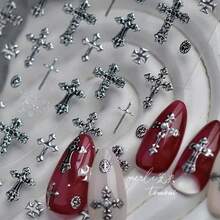 1pc Dark Vintage Metal Nail Stickers, Silver High-End Cross Design Nail Art Decorative Stickers, Self-Adhesive Nail Decals, DIY Nails Nail Supplies - 彩色 - 查看 4