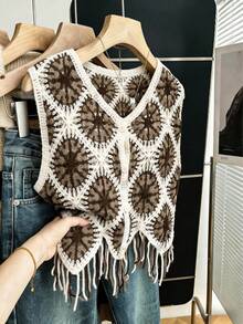 1pc Rhombus Knit Tassel Vest, Suitable For Travel, Holiday, Birthday Party, Beach, Spring/Summer, Lace - Brown - View 1