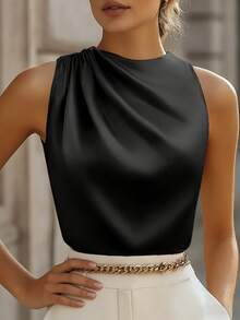 Women's Elegant Shoulder Exposed Ruffle Trim Sleeveless Fitted Formal Blouse, Champagne Color, Suitable For Commuting, Spring And Autumn Black Summer - Black - View 3
