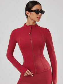 Women's Fitted Athletic Jacket With Thumb Holes And Stand Collar, Lightweight Breathable Women's Summer Coat, Soft Cozy Full Zip Workout Jacket, Slim Fit Yoga & Tennis Outerwear, Low Impact Exercise Top, Summer Outfits For Women,  Daily Active Wear,Gym Clothes Women,Women Sports Jackets - Đỏ - Xem 5