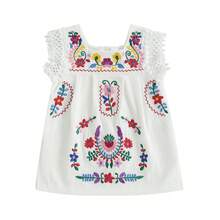 Toddler Baby Infant Girls Summer Cotton Linen Boho Dress Floral Embroidery Square Neck Lace Ruffle Fly Sleeve Sleeveless Summer Beach Sundress Vacation Bohemian Dress A-Line Dress - 白色 - 查看 6