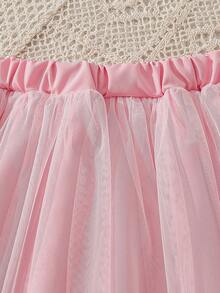 Summer Young Girls Letter Print Bow Short Sleeve T-Shirt And Mesh Princess Style Sweet Skirt Set - Pink - View 7