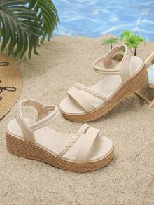 1 Pair Girls' Summer Sandals, Fashionable Minimalist Slip-On Beach Vacation Platform Wedge Thong Sandals - Beige - View 4