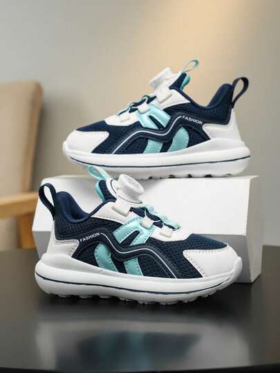 1 Pair Children's Spring/Autumn Chunky Sneakers, Mesh Fabric Upper With Leather Material, Breathable & Soft, Non-Slip Sole, Fashionable Painted Decor, Adjustable Closure, Suitable For Daily Wear, School, Sports