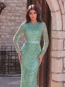 Faeriesty Elegant Mint Green Beaded Evening Gown - Long Sleeve Spaghetti Strap Dress With Intricate All-Over Embroidery, Waist Tie Design Suitable For Romantic Valentine's Date, Luxurious Black Tie Gala, And Red Carpet Events Party Wedding - Green - View 3