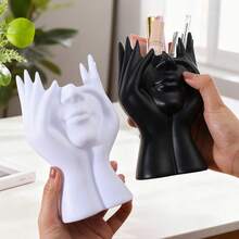 Abstract Human Face Sculpture Pen Holder, Multifunctional Makeup Brush Storage Bucket Plastic Pen Stand Desktop Decor - Face-holding Storage Bucket - View 4
