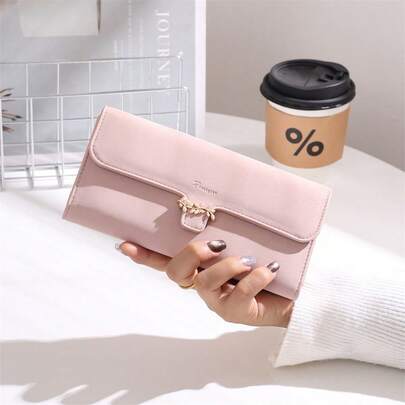 PRETTYZYS New Women's Solid Color Snap Tri-Fold Long Wallet, Multi-Function Large Capacity Clutch Purse, PU Leather With Fashionable Metal Leaf Design, Daily Use & Gift For Girls, Valentine's Day For Women Money Wallet Purse Wallet Travel Essential Summer