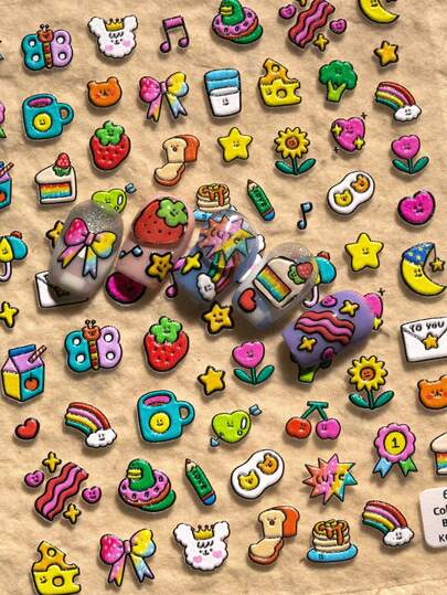 1pc Cute Graffiti Cartoon Style Nail Art Stickers, Adorable 5D Nail Jewelry, Nail Decoration Parts, Handmade Nail Stickers, Nail Tips, Suitable For Girls And Women, Best Nail Art Supplies, Nail Stickers, Y2K Nails